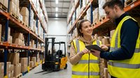 Two warehouse workers in safety vests discussing logistics while reviewing tablet data among storage shelves in modern distribution center facility.