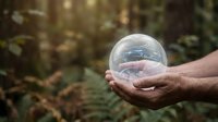 Hands holding transparent glass sphere reflecting nature environment in forest setting for environmental protection and sustainability concepts.