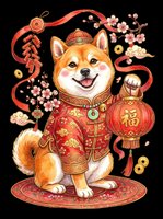 Shiba Inu dog wearing traditional red and gold ceremonial clothing with lanterns, coins, and decorative ribbons isolated on transparent background, ready for t-shirts, stickers, and print-on-demand designs.