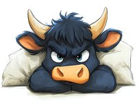 Grumpy cartoon bull character lying in bed with pillows, displaying annoyed facial expression. Anthropomorphic farm animal mascot for children's books.