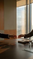 Business handshake between professionals in modern office conference room with city view through large windows for corporate partnership deals.