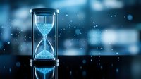 Hourglass with glowing blue sand on reflective surface against bokeh background. Time management and deadline concept for business presentations.