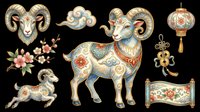 Ornate Asian ram and goat figurines with decorative floral patterns, isolated on transparent background. Ready for clipart, t-shirt design, stickers, print-on-demand products, and sublimation projects.