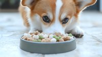 Curious corgi dog sniffing bowl of fresh pet food with meat chunks and green peas. Close up view of feeding time shows healthy homemade meal for pets.