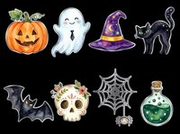 Watercolor Halloween clipart set with pumpkin, ghost, witch hat, black cat, bat, sugar skull, spiderweb, and potion bottle, isolated on transparent background for stickers and print on demand.