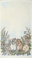Adorable watercolor mice family gathering among wildflowers and botanical elements on textured paper background for nursery decor and greeting cards.