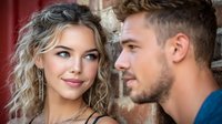 Young attractive couple in intimate moment sharing romantic connection indoors. Blonde woman with curly hair and brunette man gazing at each other lovingly.