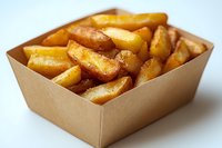 Golden crispy potato wedges served in eco-friendly kraft paper container on white background, close-up view showing texture and seasoning of freshly cooked fries.