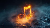 Glowing musical note symbol burning with fire and smoke effects on dark textured surface, dramatic lighting creates mystical atmosphere for music concepts.