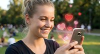 Young blonde woman smiling while using smartphone with floating heart emojis, social media dating app concept in park setting during golden hour.