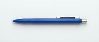 Blue ballpoint pen with metallic clip and tip on white background, suitable for office supplies, stationery, and business concepts.