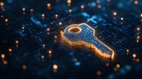 Digital security key symbol glowing on circuit board background with orange light particles, representing cybersecurity and data protection in technology.