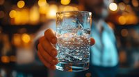 Glass of sparkling water with ice cubes held by hand against blurred warm bokeh background in bar or restaurant setting, refreshing drink concept.