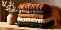 Stack of cozy knitted sweaters in autumn colors on wooden shelf with dried flowers, warm seasonal fashion and home comfort concept.