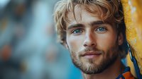 Young Caucasian man with blue eyes, beard and wavy blonde hair looking at camera with confident expression against blurred blue and yellow background. Suitable for lifestyle advertising.
