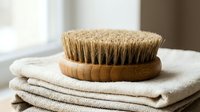 Natural bristle body brush on folded linen towels for dry brushing skincare routine and exfoliation wellness spa treatment at home.