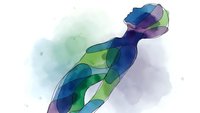 Abstract watercolor silhouette of woman in yoga pose with flowing blue green purple tones on white background for wellness meditation design.