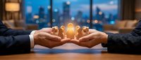 Business partnership concept with hands protecting glowing lightbulb representing innovation and teamwork in modern office setting at dusk.