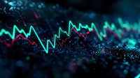 Glowing turquoise and red financial chart lines with bokeh particles on dark background showing market data visualization and trading analysis concept.