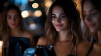 Young attractive woman with long wavy hair smiling at camera during evening social gathering with friends in background bokeh lights atmosphere.