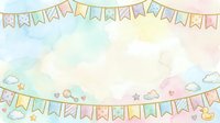 Pastel watercolor background with decorative bunting banners, clouds, and whimsical elements. Isolated design on transparent background, ready for greeting cards, invitations, and children's projects.