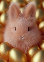 Adorable pink fluffy bunny rabbit surrounded by golden Easter eggs, creating magical holiday atmosphere with soft focus and warm lighting effects.