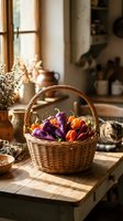 Wicker basket filled with fresh purple eggplants and orange peppers on rustic wooden table in cozy farmhouse kitchen with natural sunlight streaming through window.