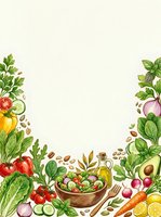 Organic salad ingredients frame a wooden bowl with fresh greens, tomatoes, cucumbers, bell peppers, carrots, radishes, avocado, olive oil, and herbs on cream background. Perfect for food blogs, recipe websites, healthy eating content, and culinary design projects.
