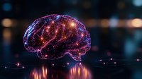 Glowing purple brain hologram with neural connections floating over reflective surface amid sparkles and bokeh lights. Digital visualization of artificial intelligence.
