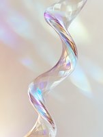 Twisted spiral shape with iridescent holographic surface reflecting rainbow colors on light background, modern abstract art element for luxury design projects.