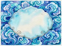Watercolor cloud frame with swirling blue patterns and empty center space for text or design elements. Decorative border with flowing ornamental motifs.