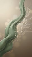 Organic sage green flowing waves merge with circuit board patterns and digital technology elements against soft beige background, representing nature and innovation fusion for tech concepts.