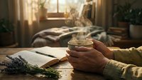 Elderly hands holding steaming herbal tea cup with lavender and open book on wooden table in cozy sunlit room for relaxation and wellness.