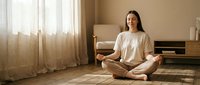 Young Asian woman practicing meditation in lotus position on yoga mat in peaceful living room with natural sunlight streaming through curtains.