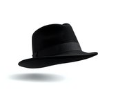 Classic black fedora hat with ribbon band floating on white background, isolated object for fashion and accessory design projects.
