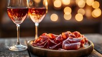 Two glasses of rosé wine with charcuterie platter featuring cured meats on wooden board, warm bokeh lights creating romantic dining atmosphere.