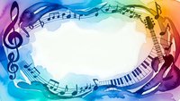 Colorful musical frame with treble clef, piano keys and flowing notes on rainbow watercolor background for music education and creative projects.