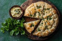 Homemade flatbread topped with fresh herbs and garlic butter served on wooden board with dipping sauce and parsley on dark green background.