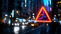 Glowing red triangle warning sign with neon lights against blurred urban night street background with bokeh lights and traffic creates dramatic atmosphere.