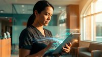 Asian female healthcare professional using digital tablet with holographic medical data display in modern hospital environment for telemedicine consultation.