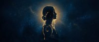 Young woman silhouette with glowing aura against starry night sky background for meditation and spiritual wellness concepts.