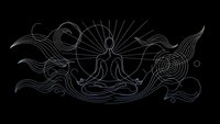Meditation silhouette with flowing energy lines and cosmic elements on dark background for wellness and spiritual design projects.