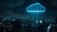 Glowing digital cloud raining data streams over night cityscape, symbolizing cloud computing and digital transformation in modern urban environment.