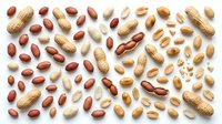 Mixed nuts collection featuring peanuts in shells and kernels scattered on white background for healthy snacking and cooking ingredient concepts.