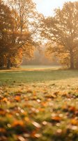 Golden autumn morning in peaceful park with sunlight filtering through colorful foliage and fallen leaves scattered on grass creating warm seasonal atmosphere.