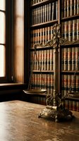 Ornate brass scales of justice on wooden desk in traditional law library with vintage leather-bound legal books on shelves for attorney office decor.