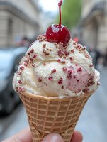 Creamy vanilla ice cream cone topped with fresh maraschino cherry and pink candy sprinkles against blurred urban background, sweet summer dessert treat.