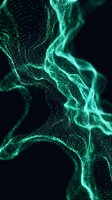 Glowing neon green particle streams flow and swirl against dark background, creating abstract digital waves and energy patterns for technology and innovation concepts.
