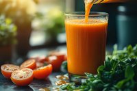 Fresh tomato juice pouring into glass with cherry tomatoes and herbs on dark background, healthy vegetable drink captured in natural light setting.