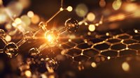 Golden molecular structure with glowing connections and warm bokeh lights creating scientific network visualization for research presentations.